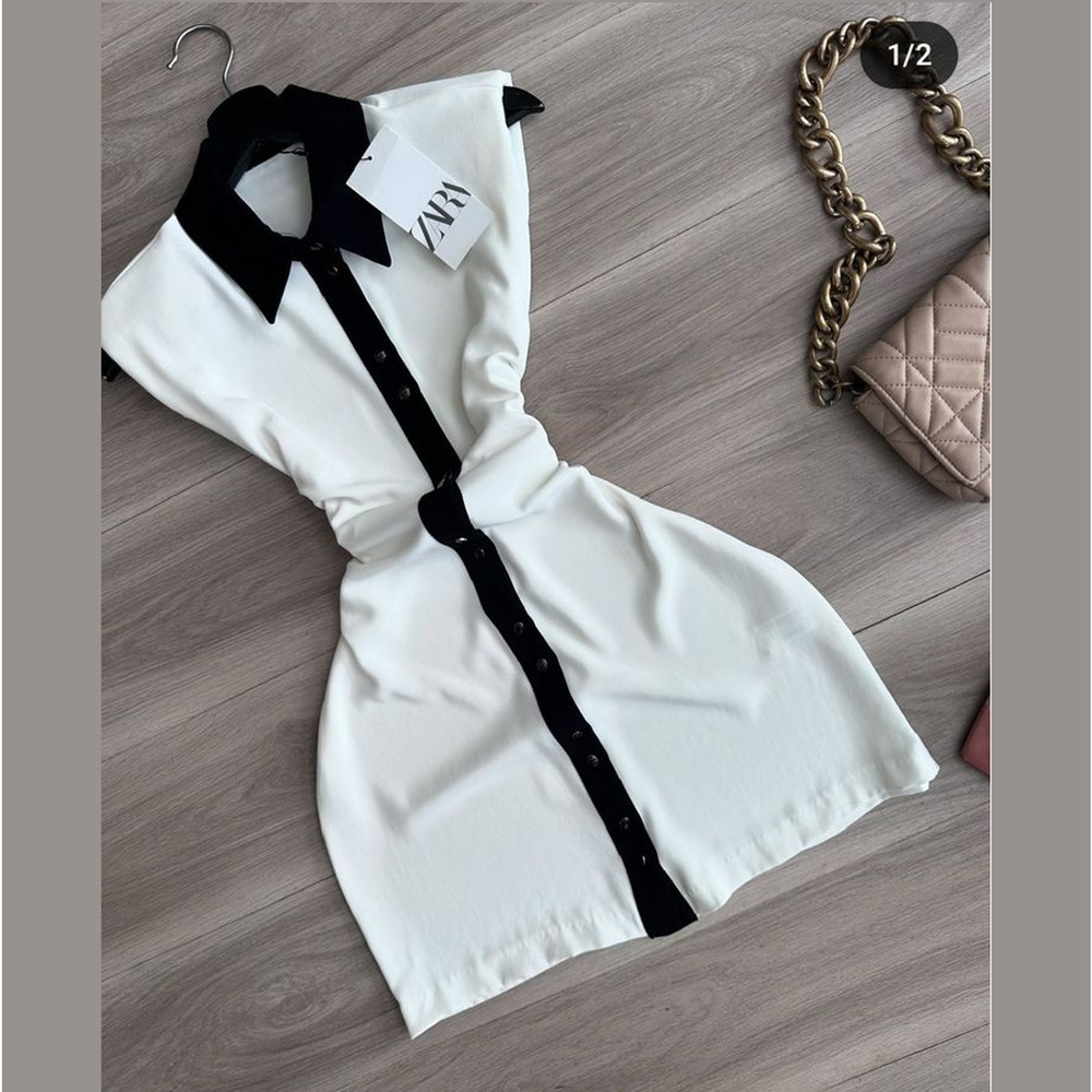 ZARA White Black Contrast Trim Mini Dress NWT Sleeveless Collared Shift Dress L - Picture 16 of 16
